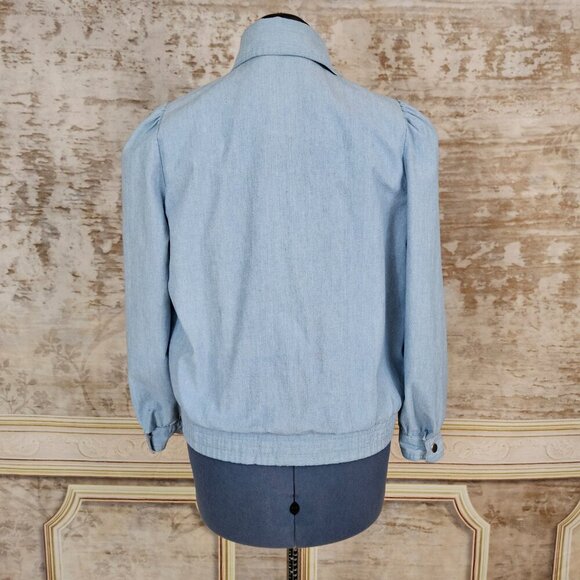Vintage 1980s Blue Chambray Bomber Jacket Yoke vtg 80s Puff Sleeve S Light Denim - Picture 3 of 10